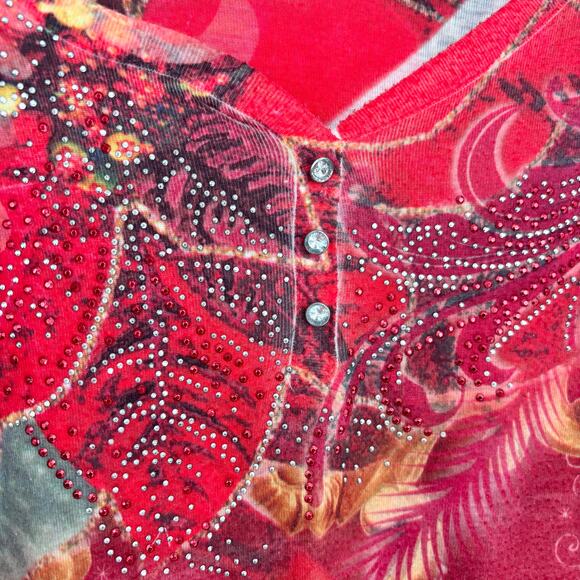 Cato Red Y2K Long Sleeve Rhinestone Fall Leaves Top Size M - Picture 4 of 6